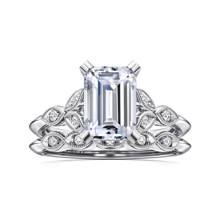 Eliza - Vintage Inspired 14K White Gold Split Shank Emerald Cut Diamond Engagement Ring - 0.07 ct - Shot 4