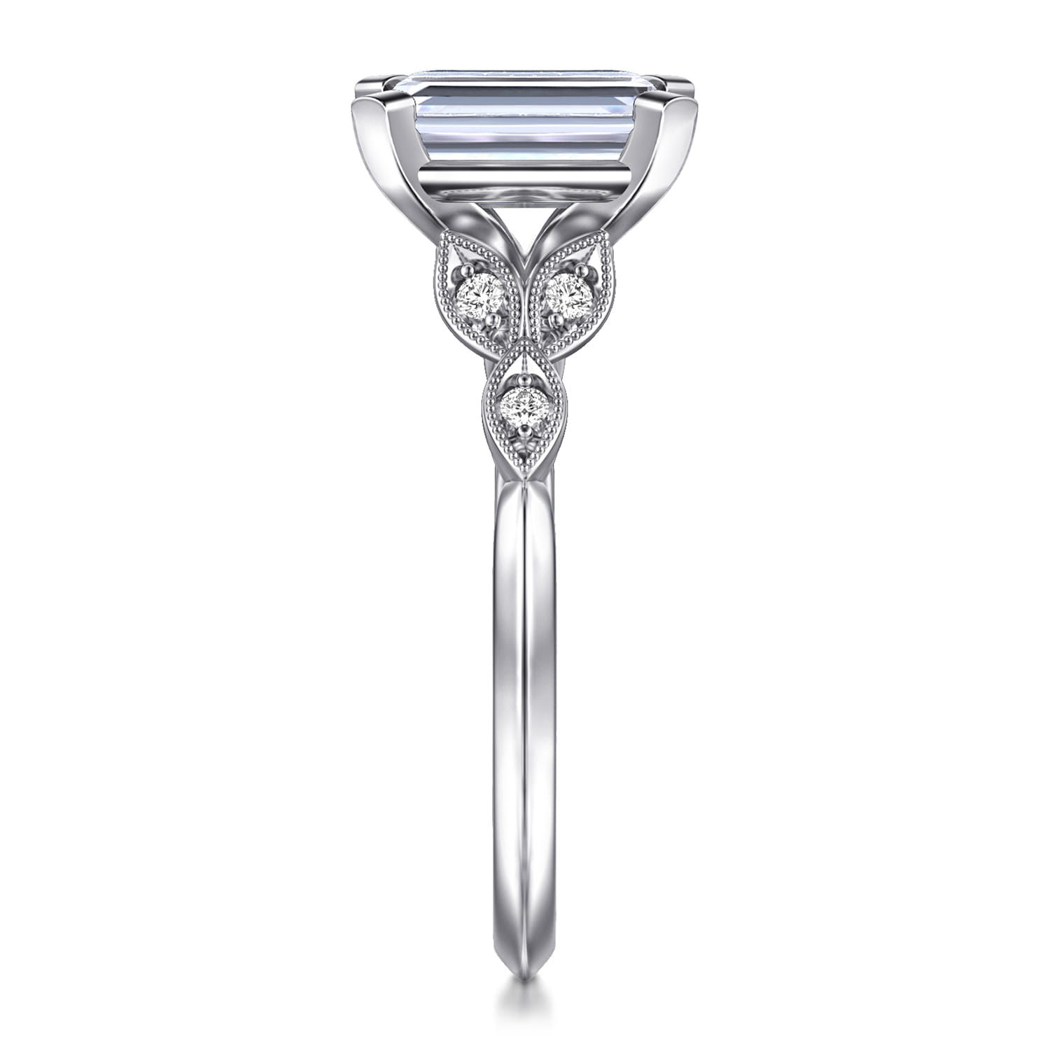Eliza - Vintage Inspired 14K White Gold Split Shank Emerald Cut Diamond Engagement Ring - 0.07 ct - Shot 5