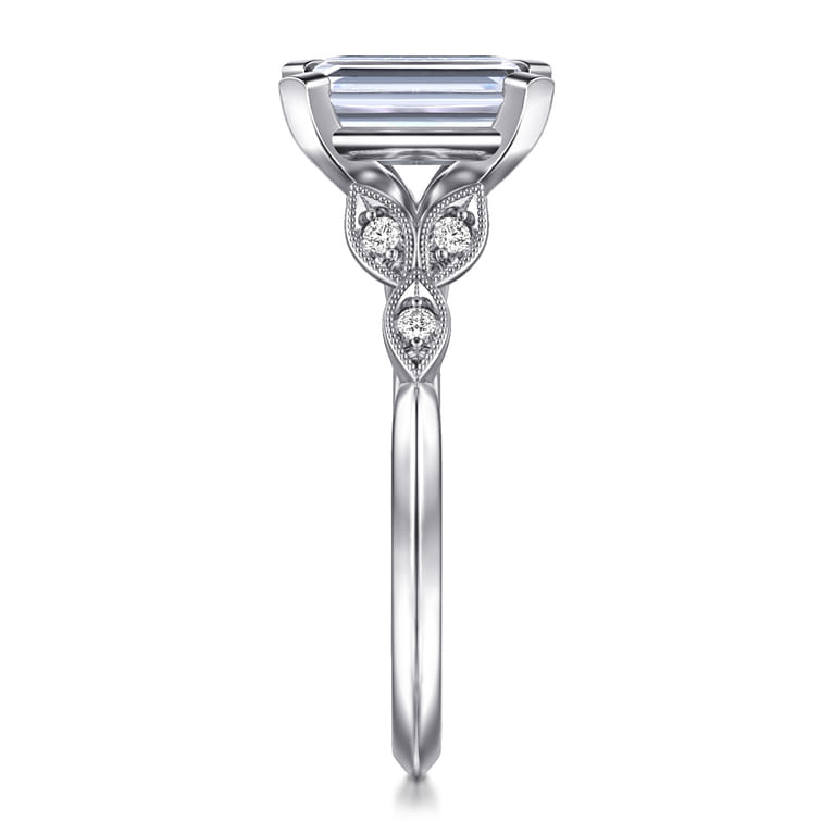 Eliza - Vintage Inspired 14K White Gold Split Shank Emerald Cut Diamond Engagement Ring - 0.07 ct - Shot 5