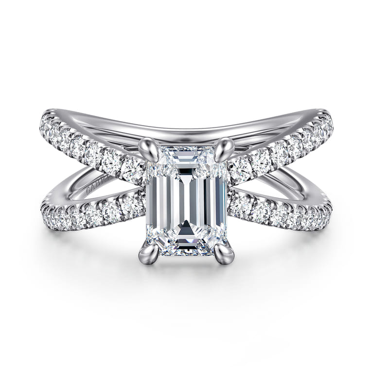 Elite - 14K White Gold Split Shank Emerald Cut Diamond Engagement Ring - 0.55 ct - Shot 1