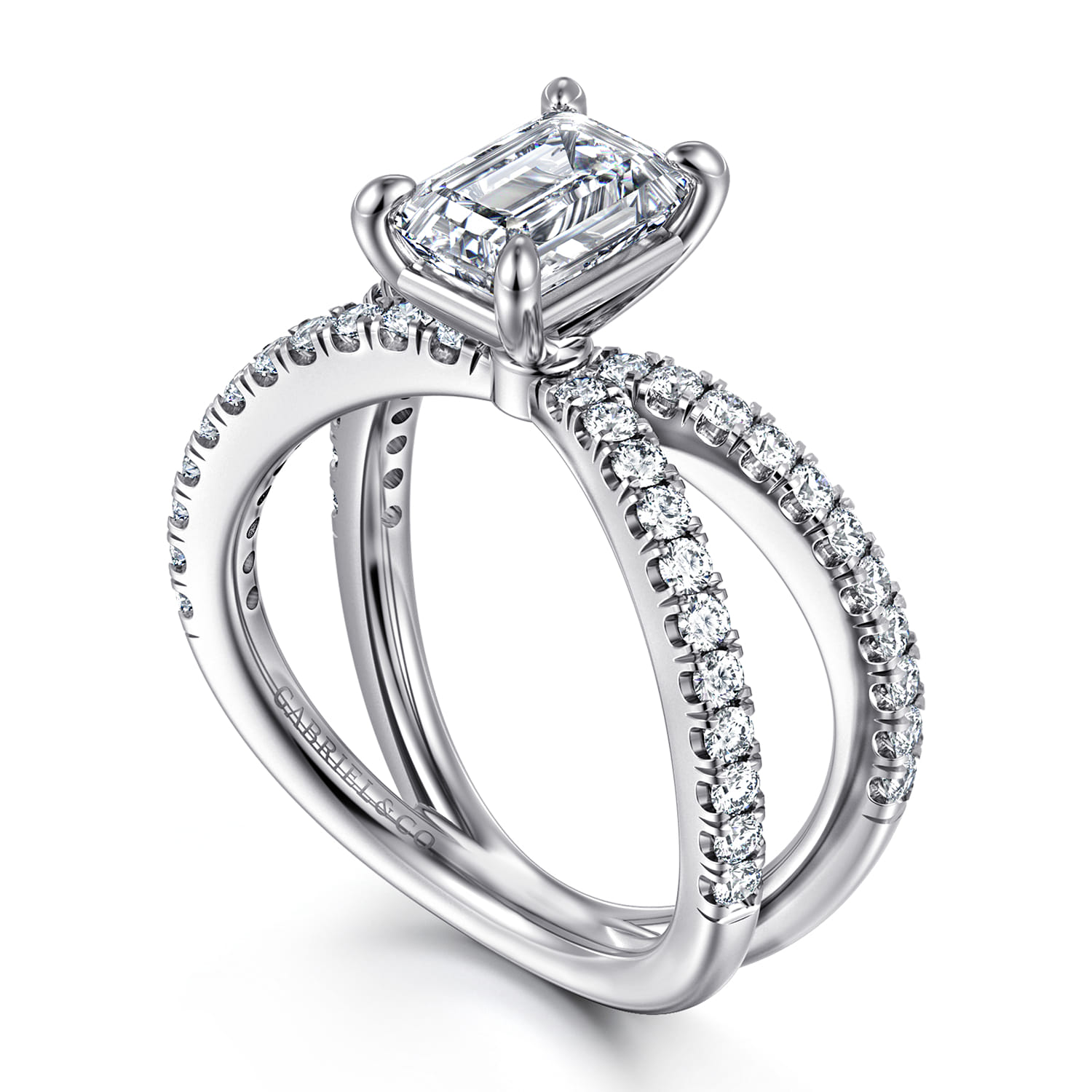 Elite - 14K White Gold Split Shank Emerald Cut Diamond Engagement Ring - 0.55 ct - Shot 3