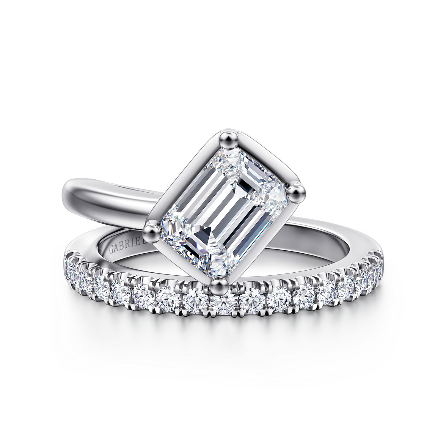 Margo - 14K White Gold Bezel Prong Emerald Cut Wrap Engagement Ring - 0.3 ct - Shot 1