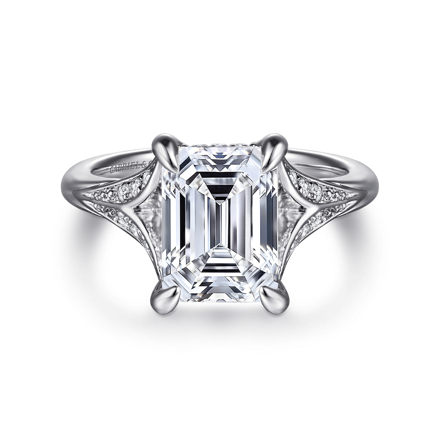 Taye - 14K White Gold Split Shank Emerald Cut Diamond Engagement Ring - 0.18 ct - Shot 1