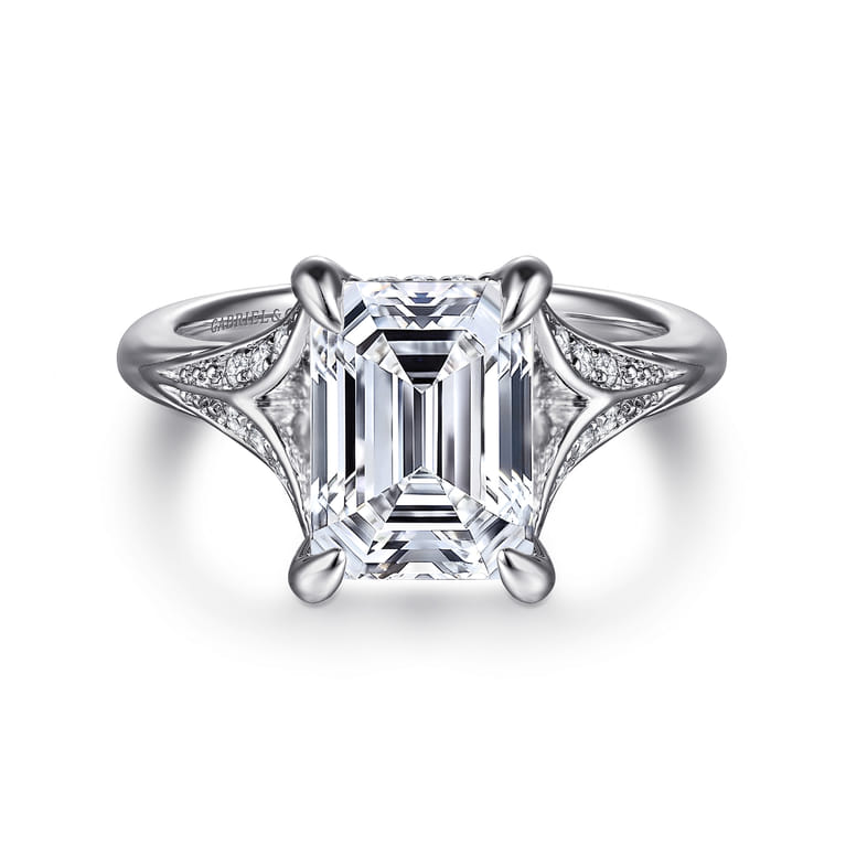 Taye - 14K White Gold Split Shank Emerald Cut Diamond Engagement Ring - 0.18 ct - Shot 1