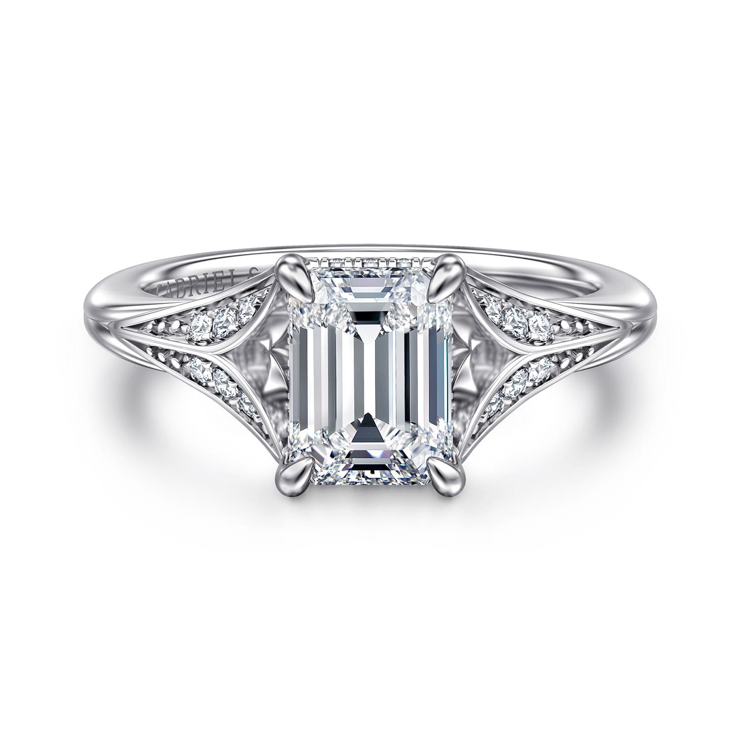 Taye - 14K White Gold Split Shank Emerald Cut Diamond Engagement Ring - 0.16 ct - Shot 1