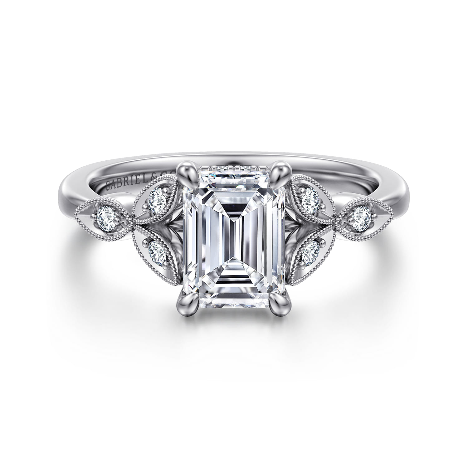 Brigida - Vintage Inspired 14K White Gold Emerald Cut Diamond Engagement Ring - 0.15 ct - Shot 1