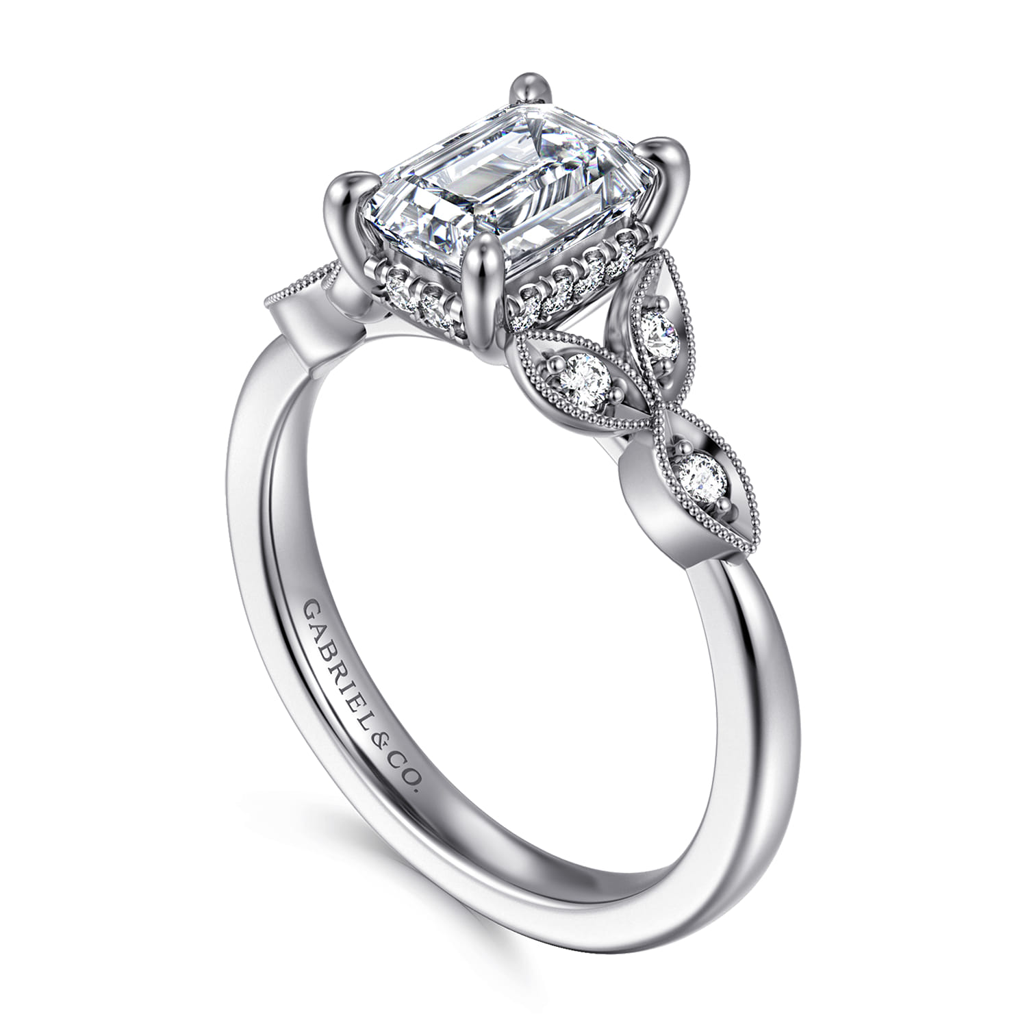 Brigida - Vintage Inspired 14K White Gold Emerald Cut Diamond Engagement Ring - 0.15 ct - Shot 3
