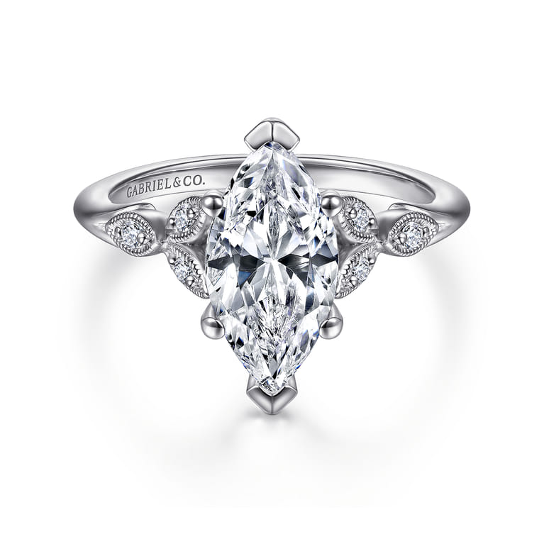 Celia - 14K White Gold 6 Prong Marquise Shape Diamond Engagement Ring - 0.07 ct - Shot 1