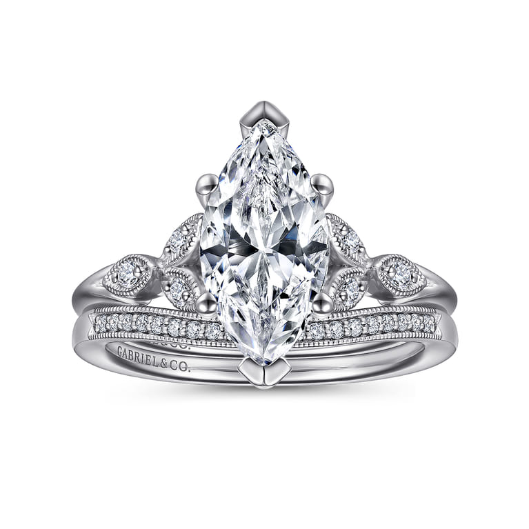 Celia - 14K White Gold 6 Prong Marquise Shape Diamond Engagement Ring - 0.07 ct - Shot 4