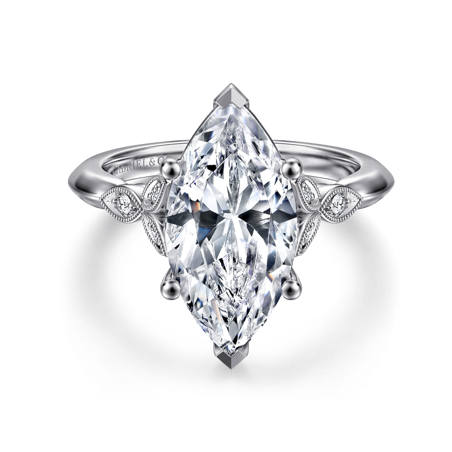 Eliza - Vintage Inspired 14K White Gold Split Shank Marquise Shape Diamond Engagement Ring - 0.08 ct - Shot 1