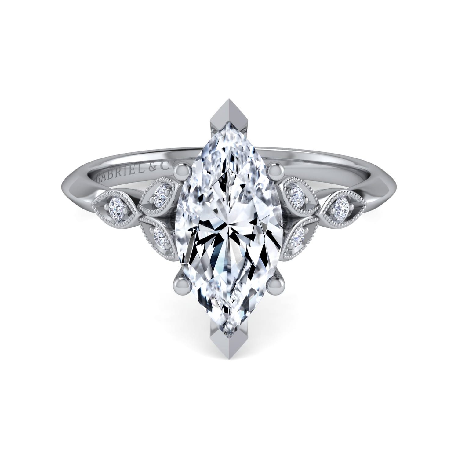 Eliza - Vintage Inspired 14K White Gold Split Shank Marquise Shape Diamond Engagement Ring - 0.07 ct - Shot 1