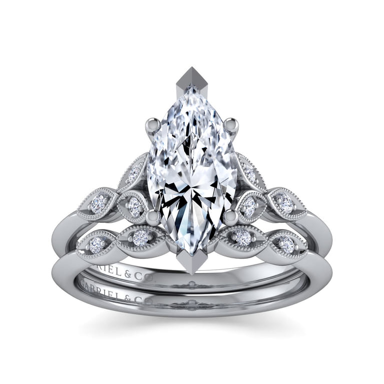 Eliza - Vintage Inspired 14K White Gold Split Shank Marquise Shape Diamond Engagement Ring - 0.07 ct - Shot 4