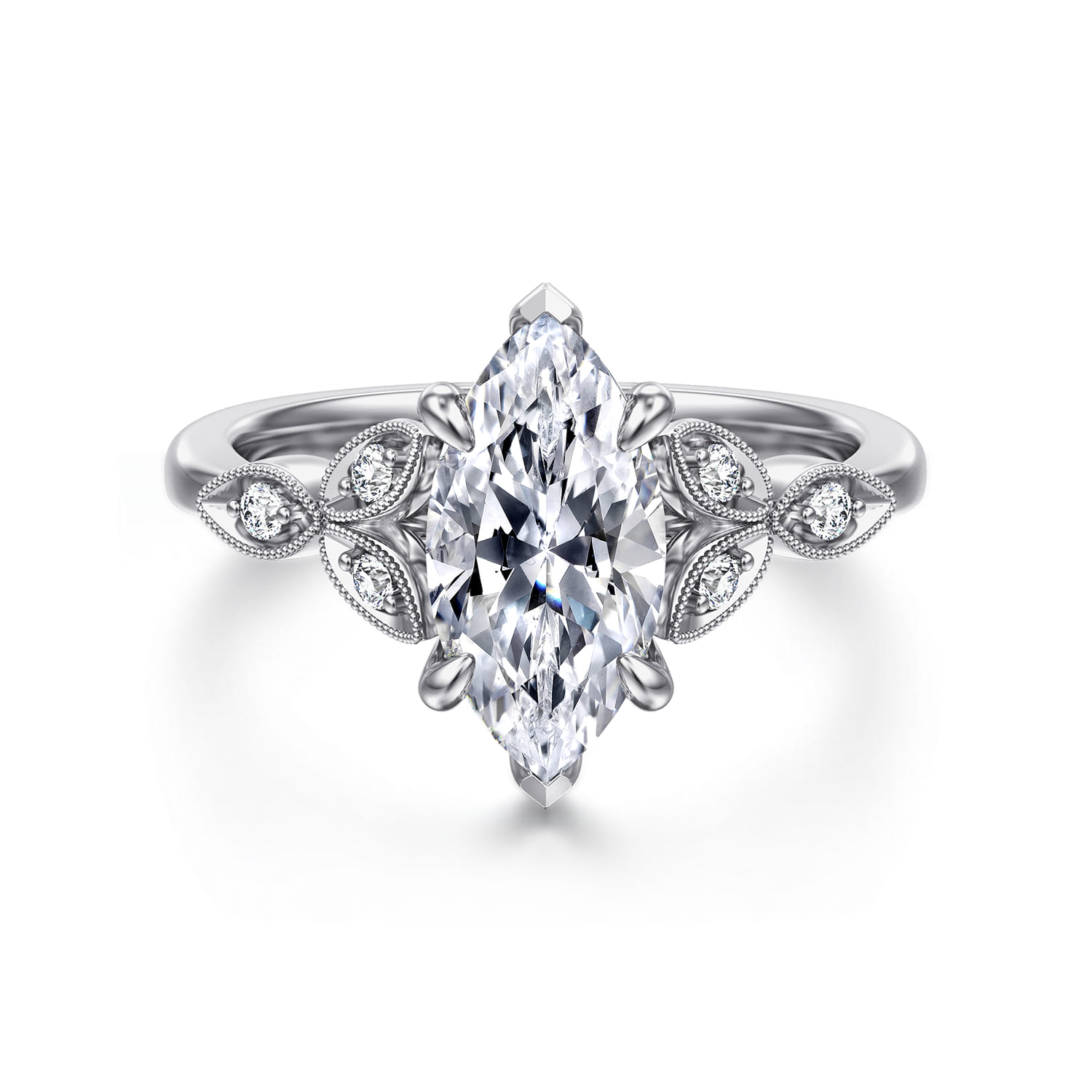 Brigida - Vintage Inspired 14K White Gold Marquise Shape Diamond Engagement Ring - 0.14 ct - Shot 1