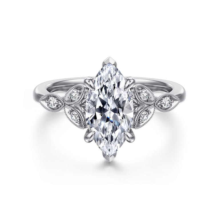 Brigida - Vintage Inspired 14K White Gold Marquise Shape Diamond Engagement Ring - 0.14 ct - Shot 1
