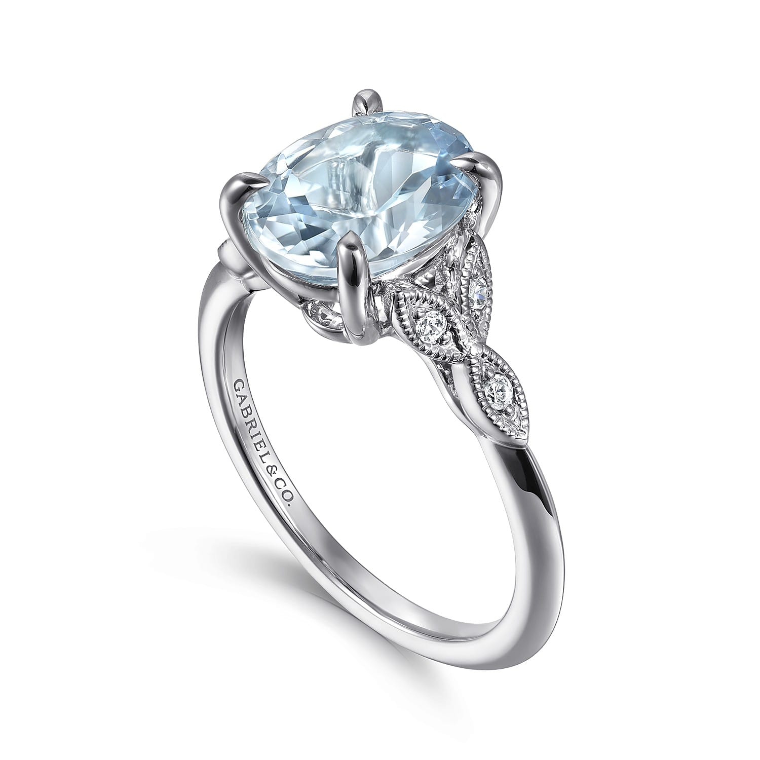 Shira - 14K White Gold Split Shank Oval Aquamarine and Diamond Engagement Ring - 0.07 ct - Shot 3