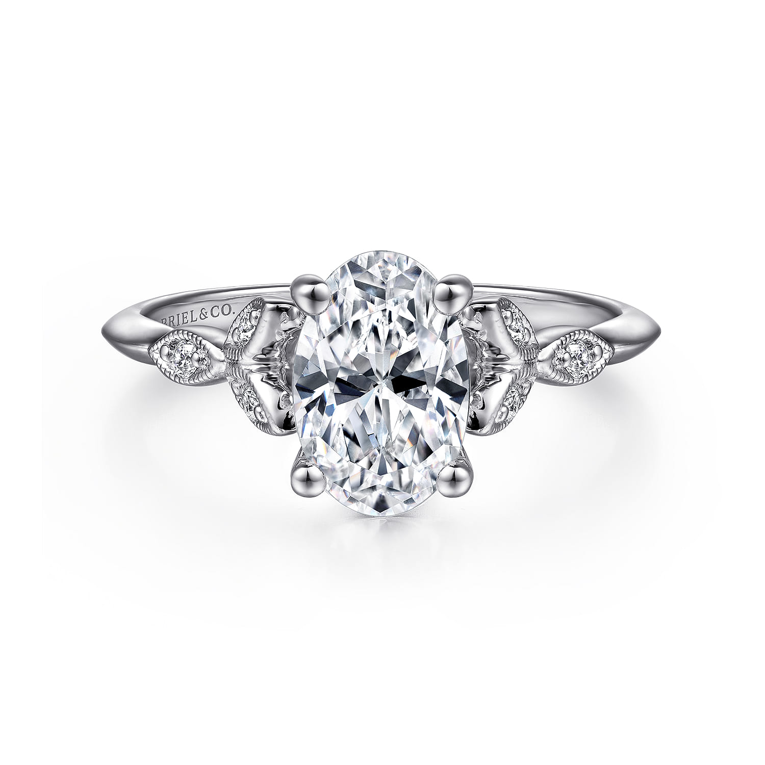 Eliza - Vintage Inspired 14K White Gold Split Shank Oval Diamond Engagement Ring - 0.07 ct - Shot 1