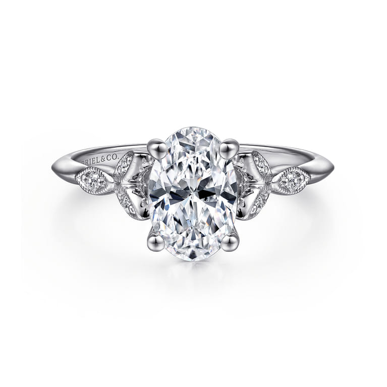 Eliza - Vintage Inspired 14K White Gold Split Shank Oval Diamond Engagement Ring - 0.07 ct - Shot 1