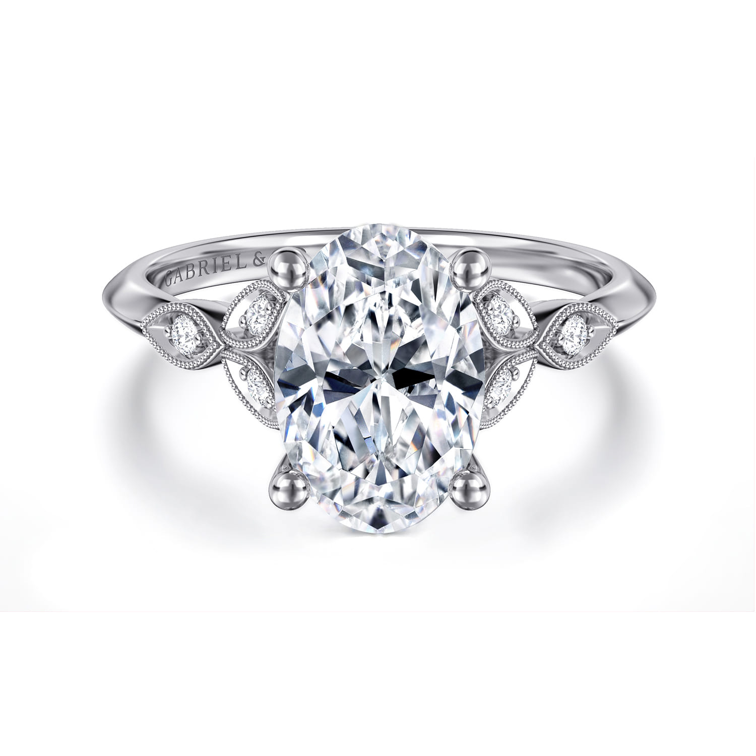 Eliza - Vintage Inspired 14K White Gold Split Shank Oval Diamond Engagement Ring - 0.07 ct - Shot 1