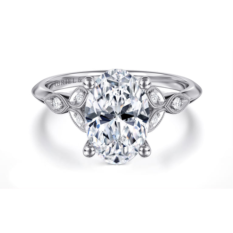 Eliza - Vintage Inspired 14K White Gold Split Shank Oval Diamond Engagement Ring - 0.07 ct - Shot 1