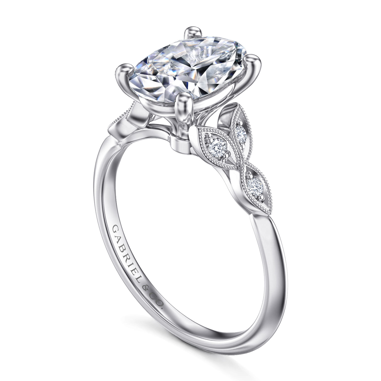Eliza - Vintage Inspired 14K White Gold Split Shank Oval Diamond Engagement Ring - 0.07 ct - Shot 3