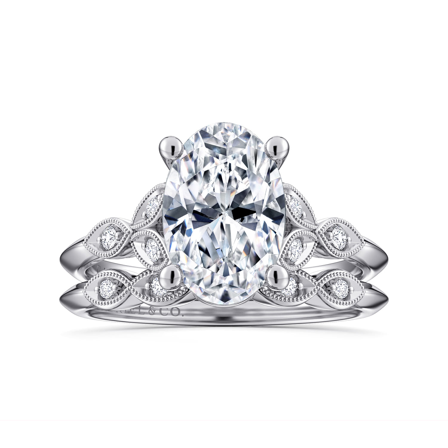 Eliza - Vintage Inspired 14K White Gold Split Shank Oval Diamond Engagement Ring - 0.07 ct - Shot 4