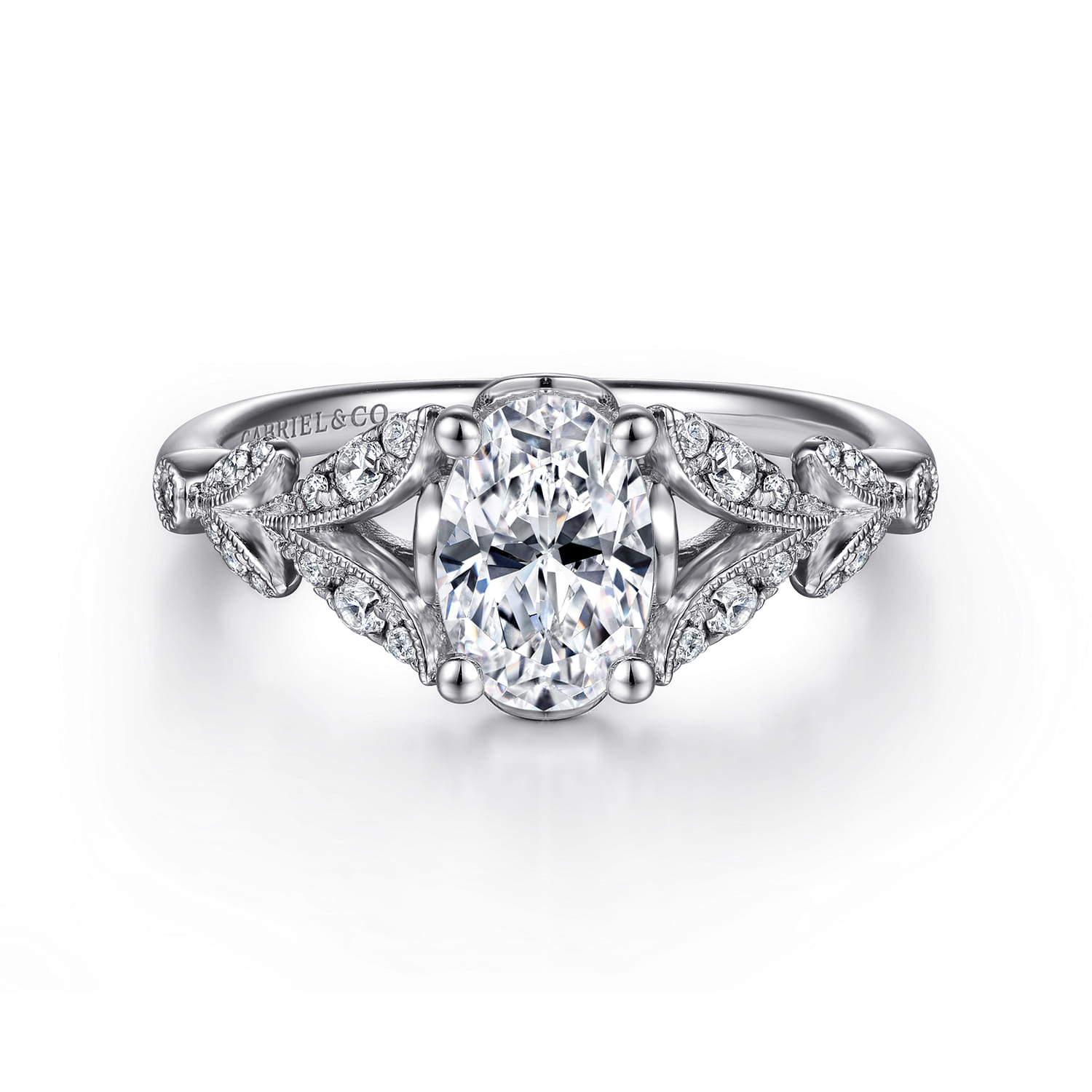Bryce - Vintage Inspired 14K White Gold Split Shank Oval Diamond Engagement Ring - 0.2 ct - Shot 1