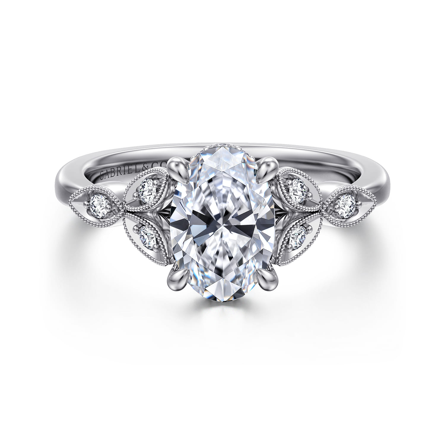 Brigida - Vintage Inspired 14K White Gold Oval Diamond Engagement Ring - 0.15 ct - Shot 1