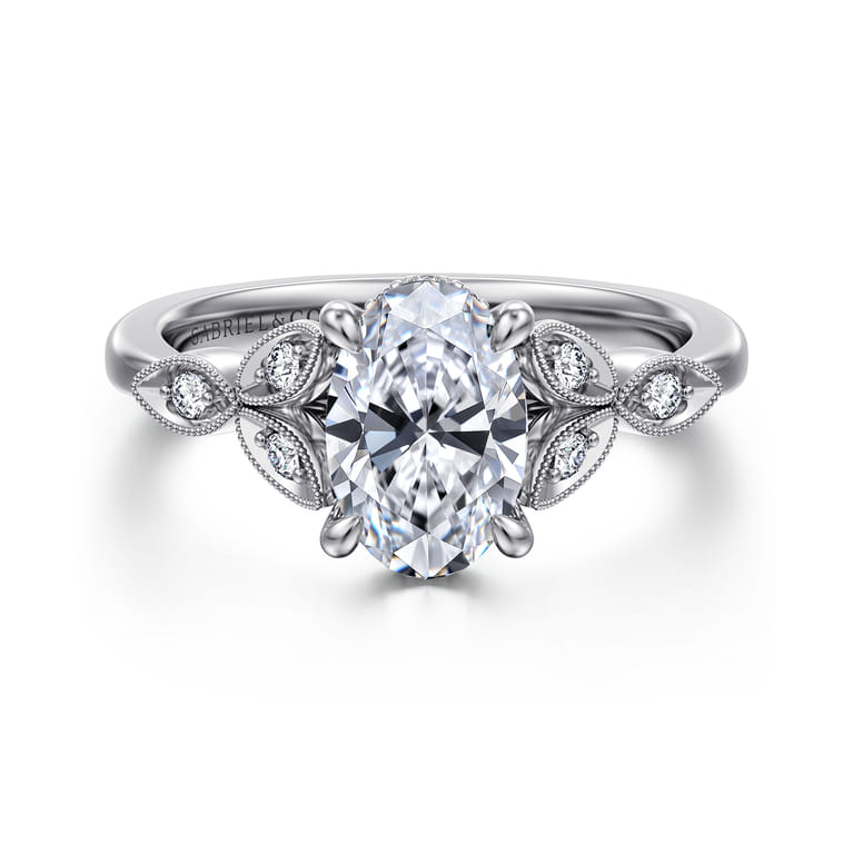 Brigida - Vintage Inspired 14K White Gold Oval Diamond Engagement Ring - 0.15 ct - Shot 1