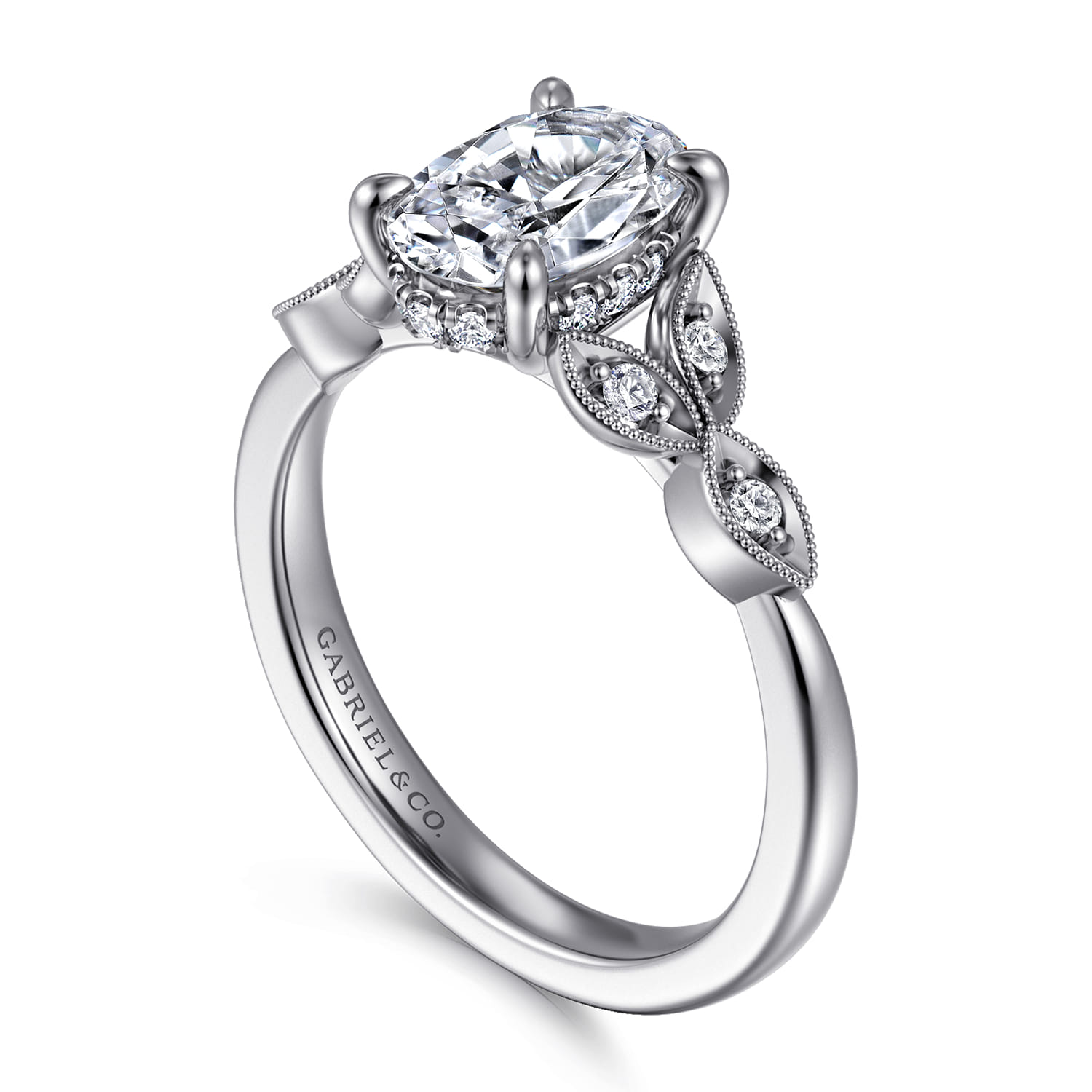 Brigida - Vintage Inspired 14K White Gold Oval Diamond Engagement Ring - 0.15 ct - Shot 3