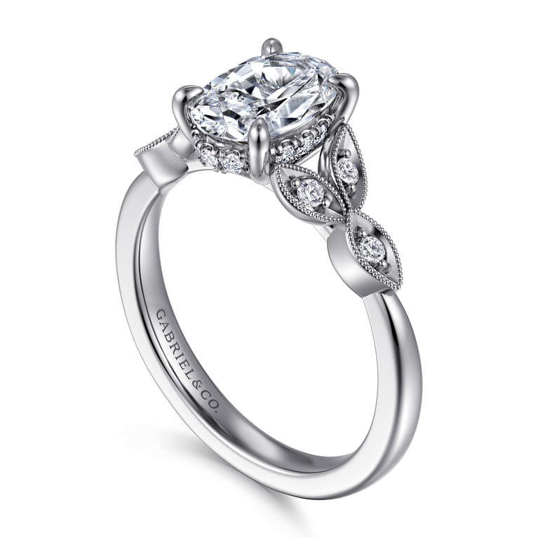 Brigida - Vintage Inspired 14K White Gold Oval Diamond Engagement Ring - 0.15 ct - Shot 3