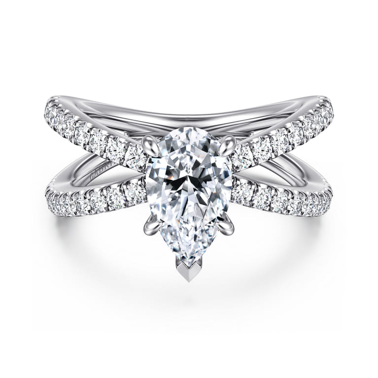 Elite - 14K White Gold Split Shank Pear Shape Diamond Engagement Ring - 0.55 ct - Shot 1