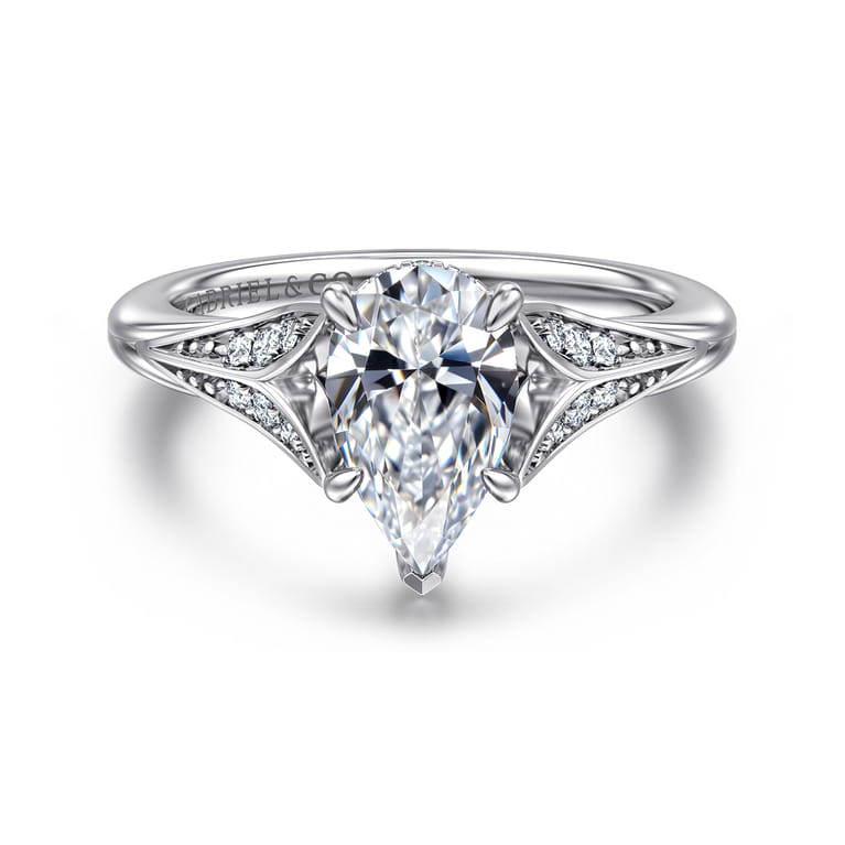 Taye - 14K White Gold Split Shank Pear Shape Diamond Engagement Ring - 0.15 ct - Shot 1