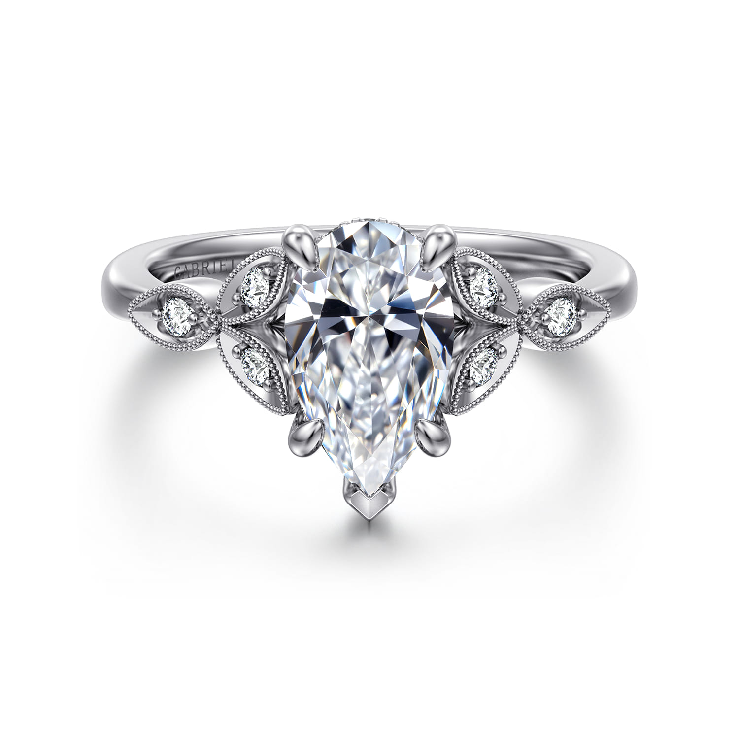Brigida - Vintage Inspired 14K White Gold Pear Shape Diamond Engagement Ring - 0.16 ct - Shot 1