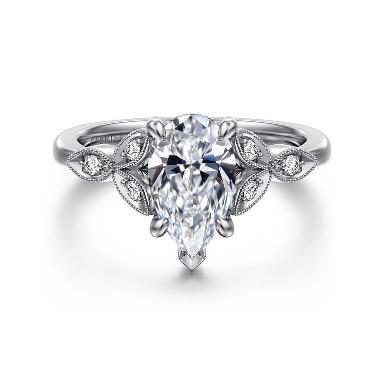 Brigida - Vintage Inspired 14K White Gold Pear Shape Diamond Engagement Ring - 0.16 ct - Shot 1