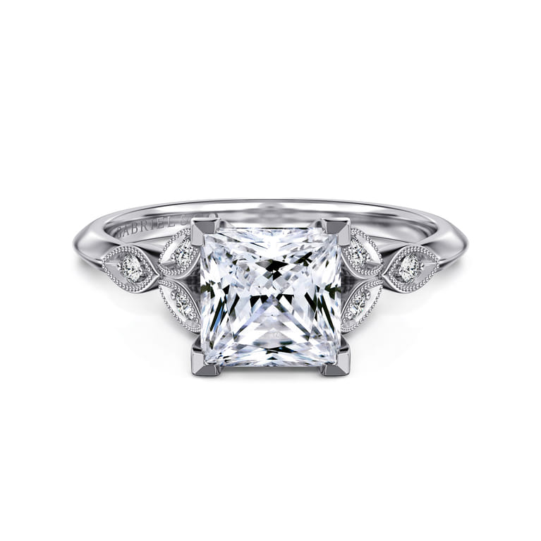 Eliza - Vintage Inspired 14K White Gold Split Shank Princess Cut Diamond Engagement Ring - 0.07 ct - Shot 1