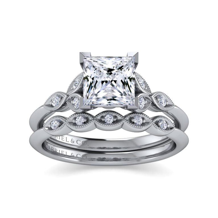 Eliza - Vintage Inspired 14K White Gold Split Shank Princess Cut Diamond Engagement Ring - 0.07 ct - Shot 4