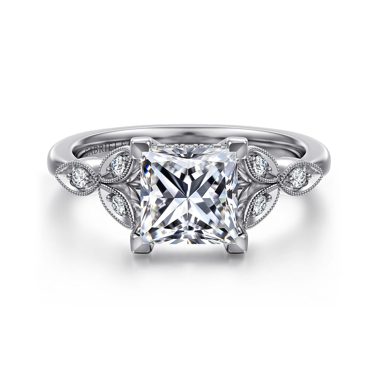 Brigida - Vintage Inspired 14K White Gold Princess Cut Diamond Engagement Ring - 0.15 ct - Shot 1