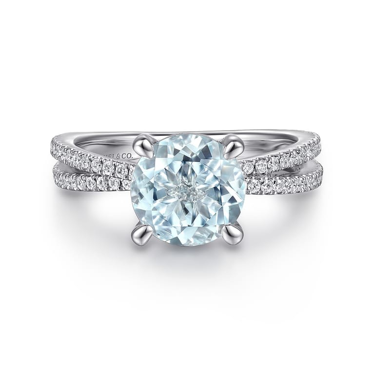 Aisha - 14K White Gold Split Shank Round Aquamarine and Diamond Engagement Ring - 0.5 ct - Shot 1