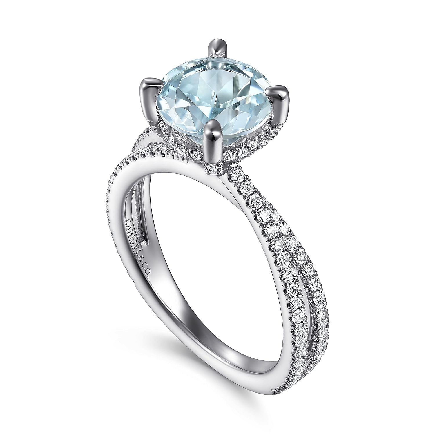 14K White Gold Split Shank Round Aquamarine and Diamond