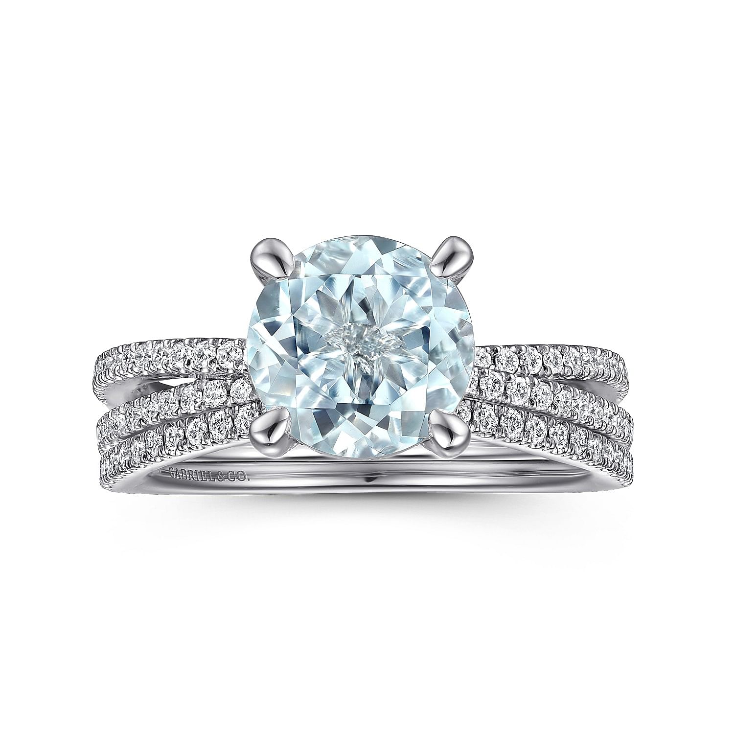 14K White Gold Split Shank Round Aquamarine and Diamond