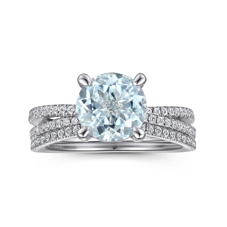 Aisha - 14K White Gold Split Shank Round Aquamarine and Diamond Engagement Ring - 0.5 ct - Shot 4