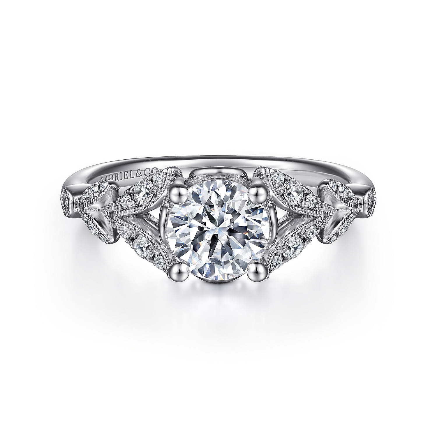 Bryce - Vintage Inspired 14K White Gold Split Shank Round Diamond Engagement Ring - 0.2 ct - Shot 1