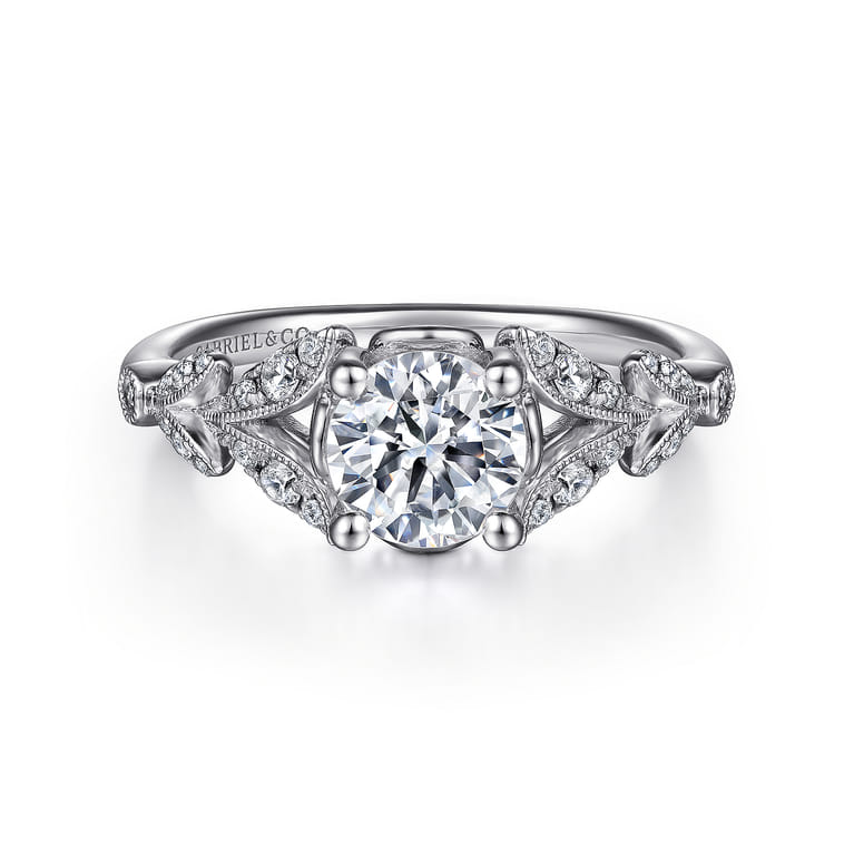 Bryce - Vintage Inspired 14K White Gold Split Shank Round Diamond Engagement Ring - 0.2 ct - Shot 1