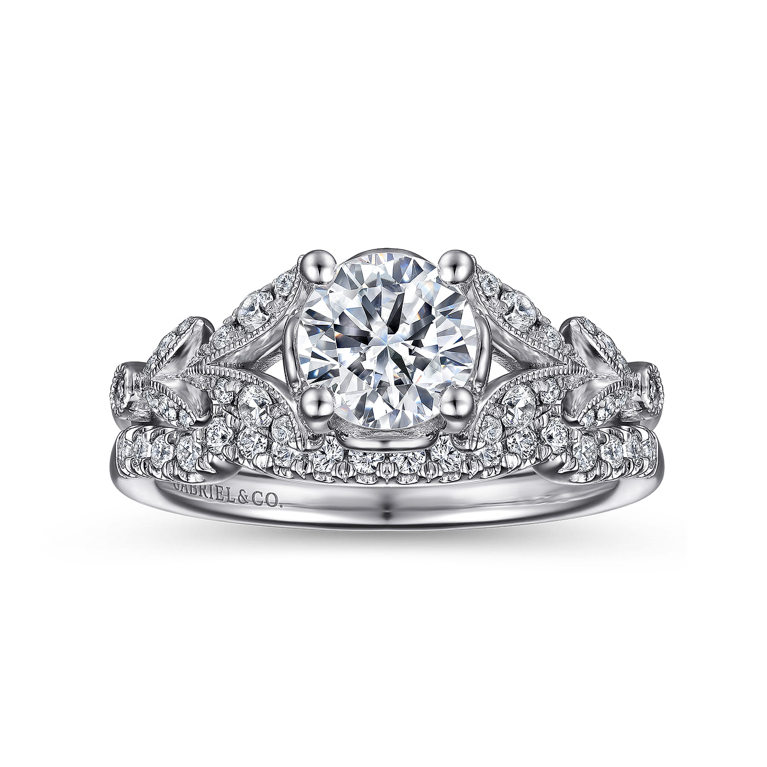 Bryce - Vintage Inspired 14K White Gold Split Shank Round Diamond Engagement Ring - 0.2 ct - Shot 4