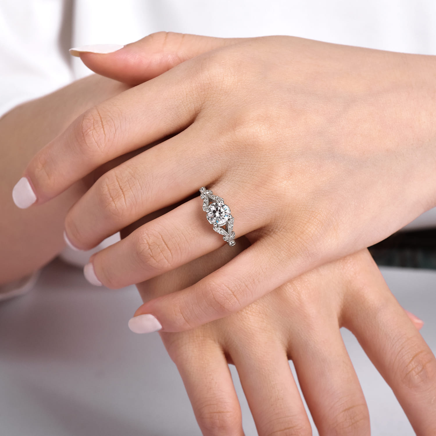 Bryce - Vintage Inspired 14K White Gold Split Shank Round Diamond Engagement Ring - 0.2 ct - Shot 6