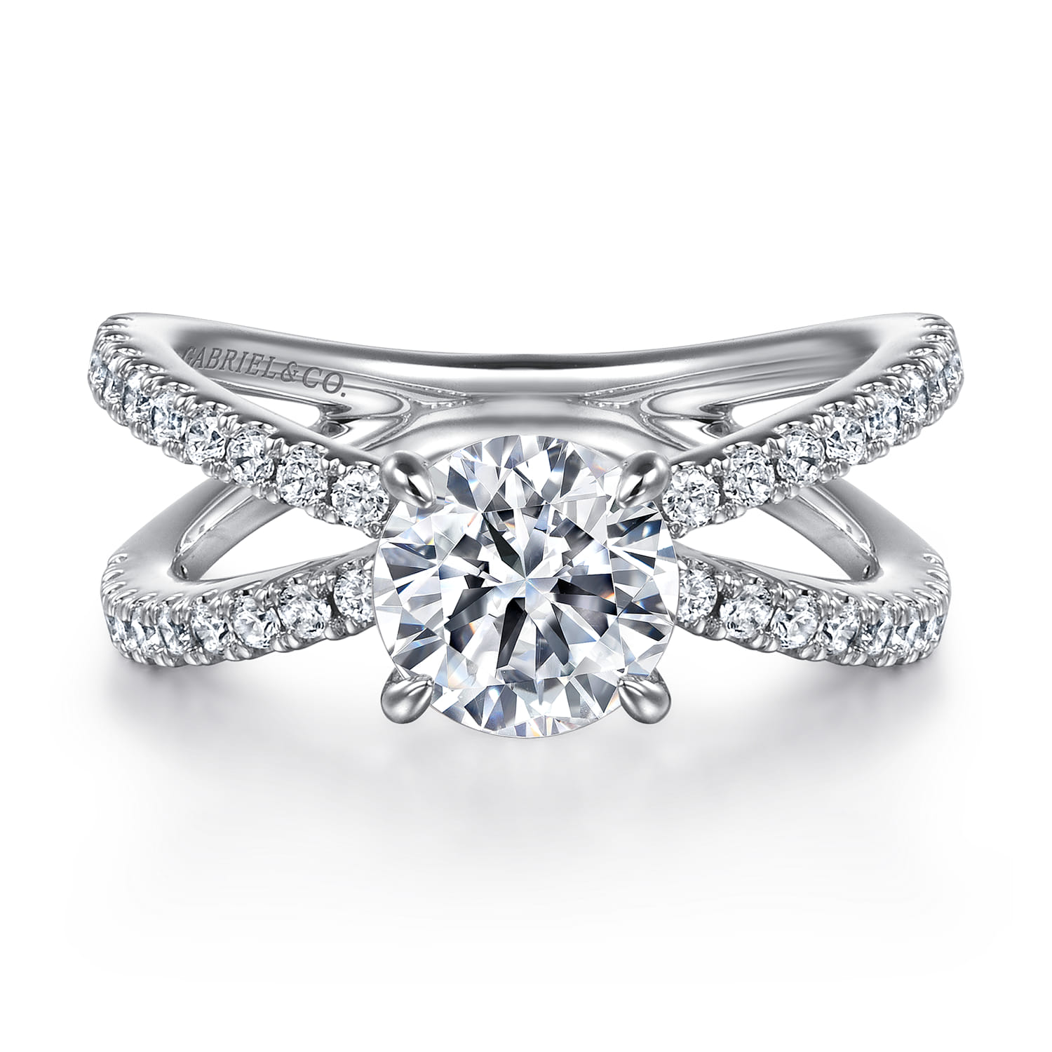 Elite - 14K White Gold Split Shank Round Diamond Engagement Ring - 0.55 ct - Shot 1