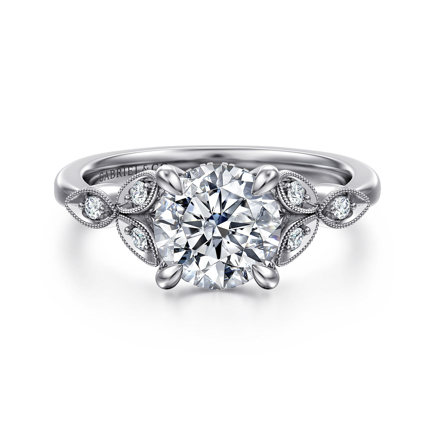 Brigida - Vintage Inspired 14K White Gold Round Diamond Engagement Ring - 0.15 ct - Shot 1