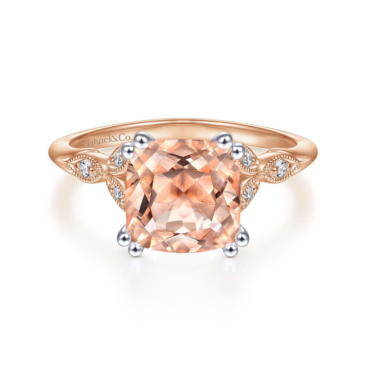 Celia - Vintage Inspired 14K White Rose Gold Cushion Cut Morganite and Diamond - 0.07 ct - Shot 1