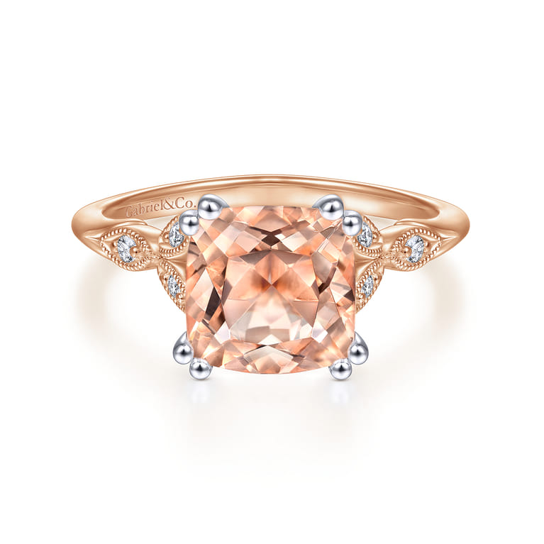Celia - Vintage Inspired 14K White Rose Gold Cushion Cut Morganite and Diamond - 0.07 ct - Shot 1