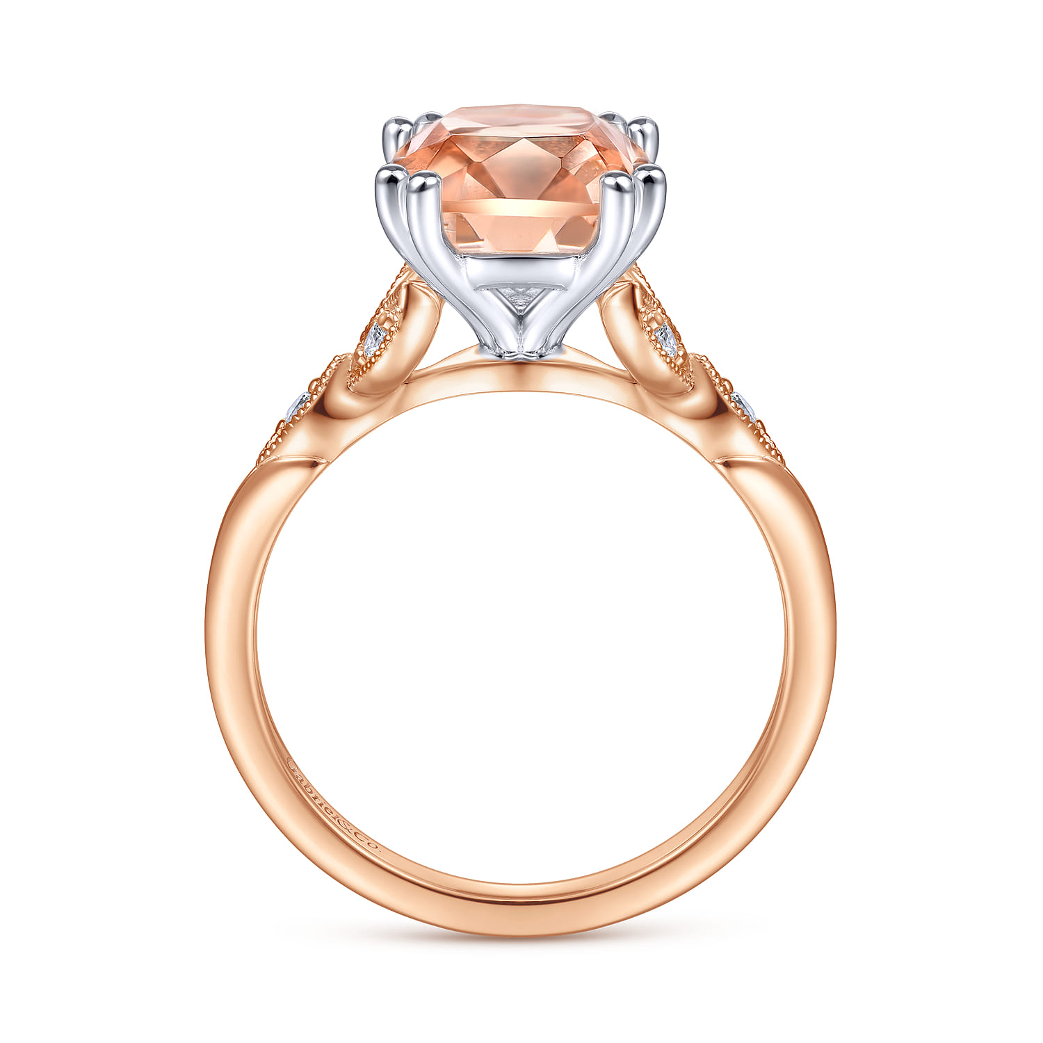 Celia - Vintage Inspired 14K White Rose Gold Cushion Cut Morganite and Diamond - 0.07 ct - Shot 2